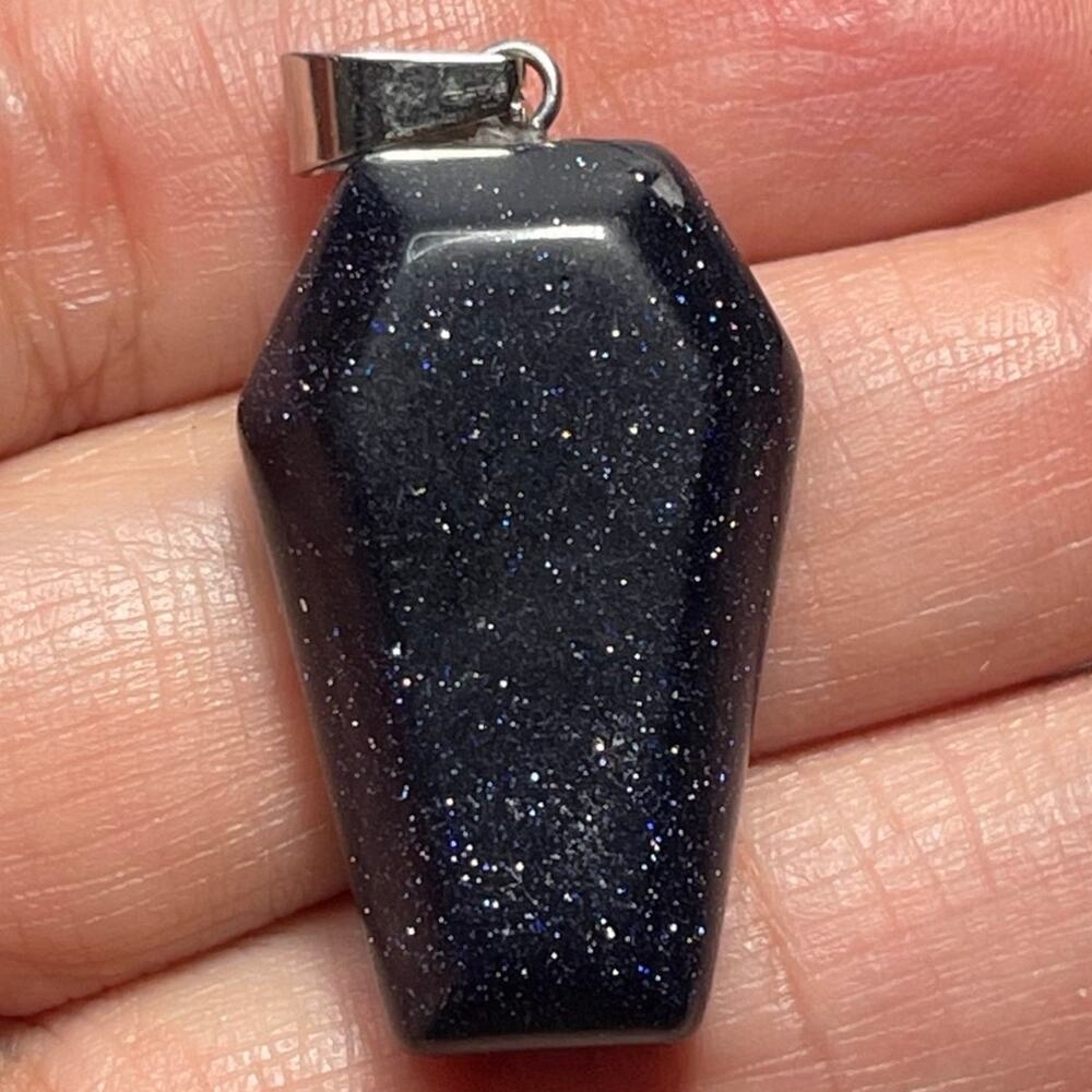 Blue Goldstone Natural Carved Stone Coffin Pendant Jewelry 1.5"